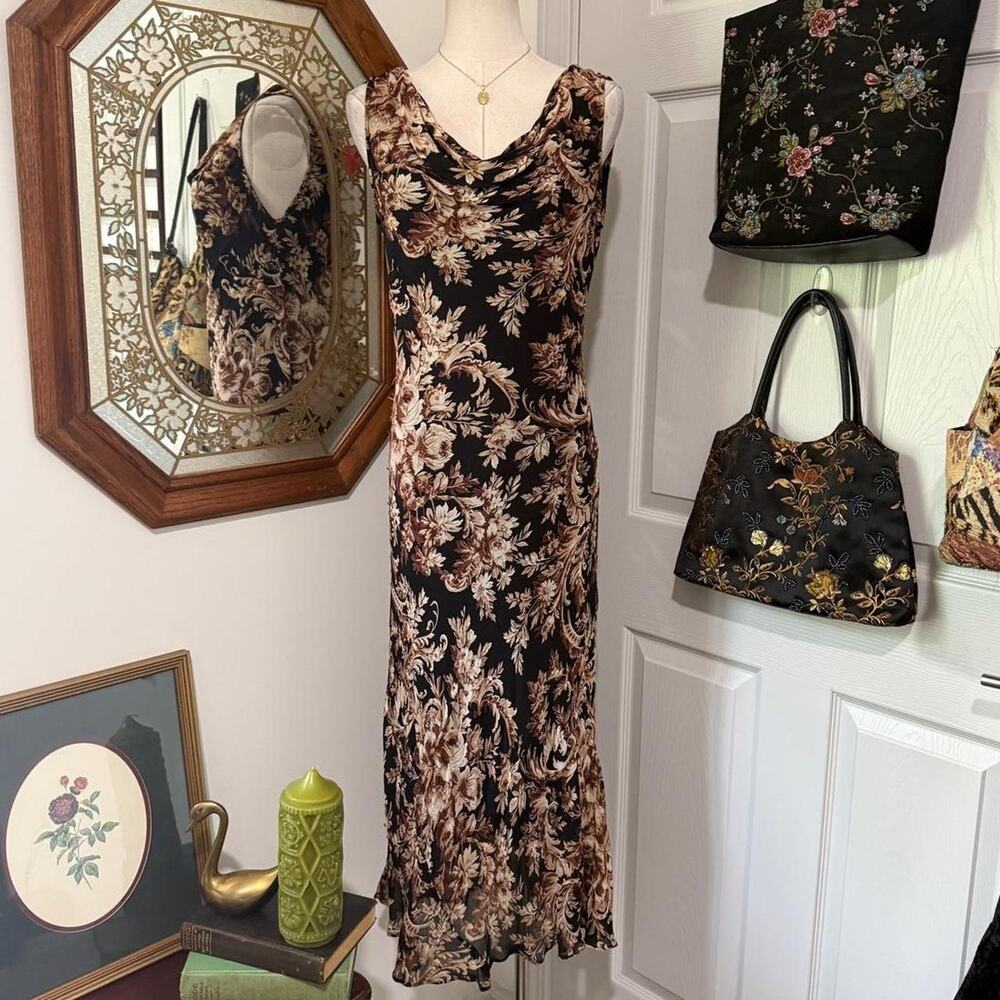 VTG 90s Newport News Black & Brown Whimsy Floral Beaded Sequin Cowl Neck Dress